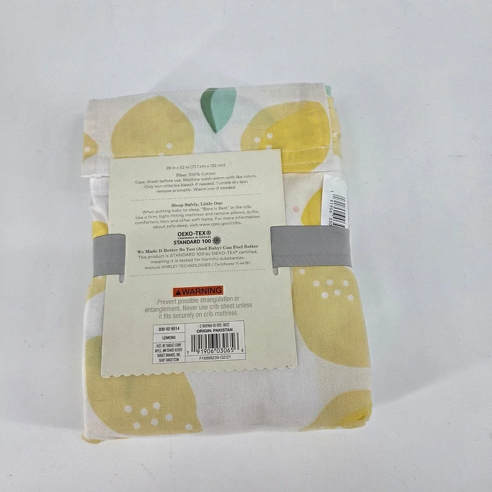 Cloud Island Lemon Print Crib Fitted Sheet 100% Cotton Yellow White 28x52 NWT